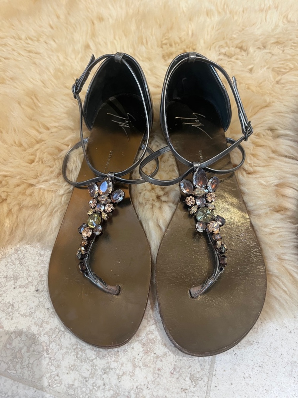 Giuseppe Zanotti Metallic Bronze Jeweled T-Strap Sandals Sz 38